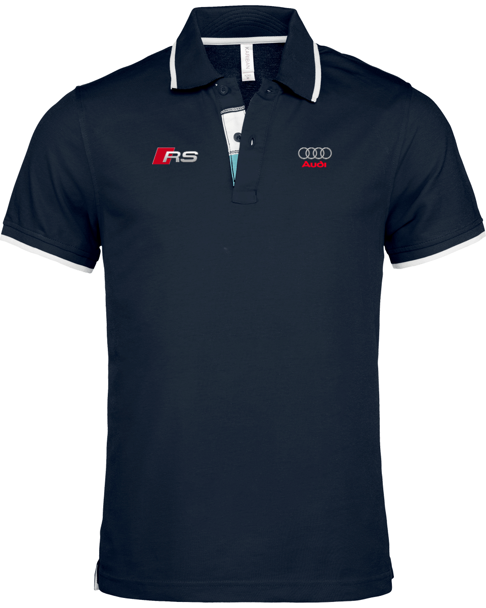 Audi RS Poloshirt Herren Bordürenhals - Marineblau / Weiß / Helltürkis / S